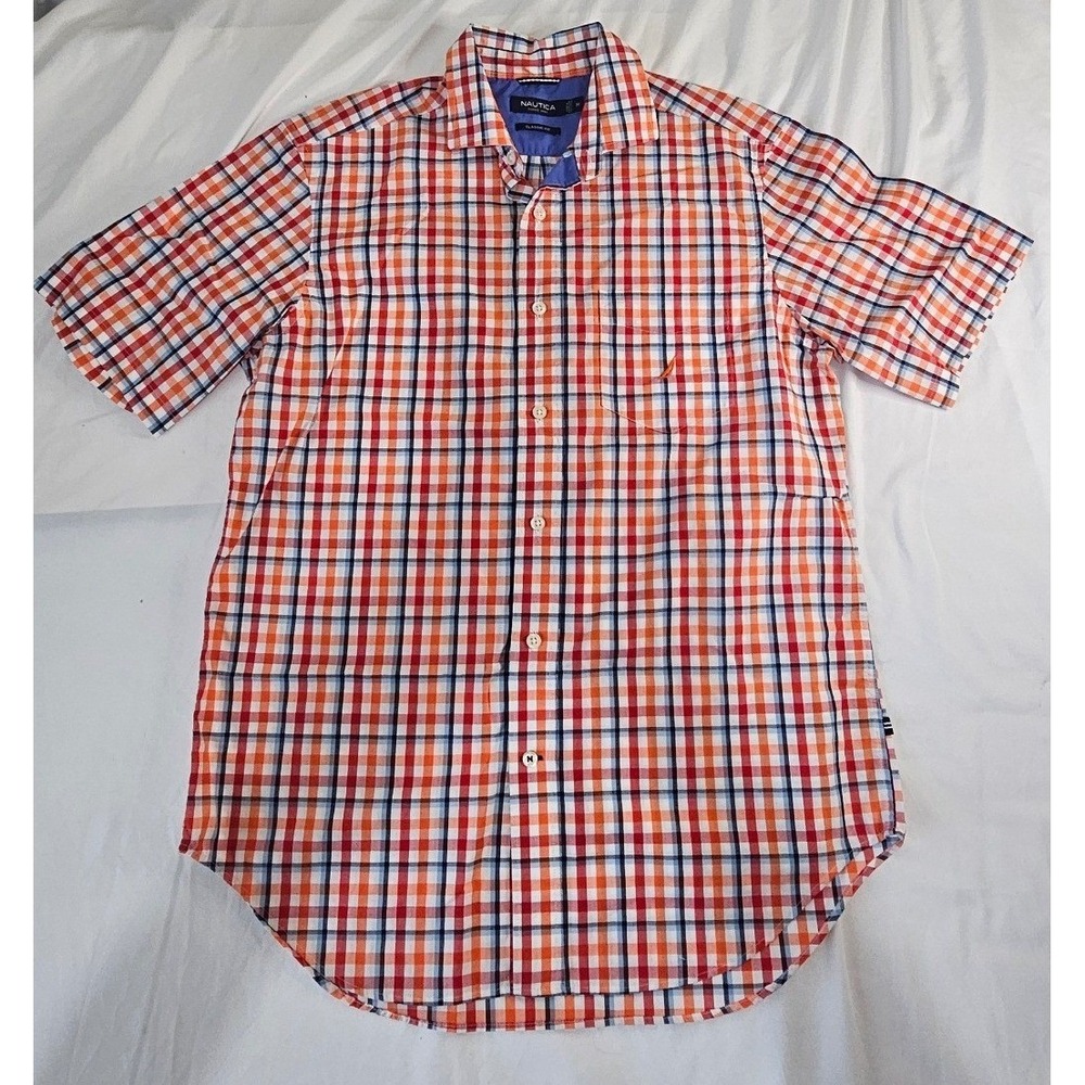 Nautica Mens Classic Fit Short Sleeve Plaid Button Down Shirt Orange Blue Size M